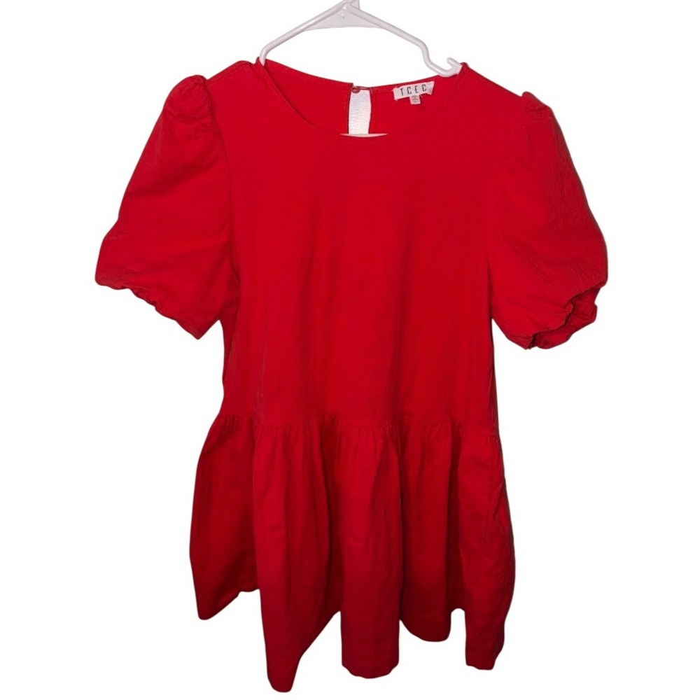 TCEC Red Short Puff Sleeve Peplum Top Blouse Womens Size Large